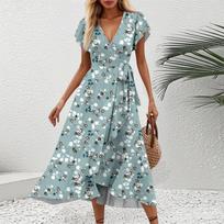 Women's V-Neck Waisted Floral  Print Short Sleeve Dresses L