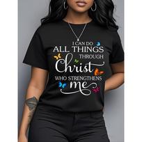 Women Cotton Short Sleeves T-shirts I Can Do All Things Through Christ Women's Tee Butterfly Christian Graphic Pink Top S