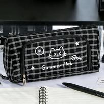 Large Capacity Cute Cat Mewo Plaid Handheld Pencil Case Korean Durable Stationery Bag for School Office Supplies Students Gift juoda