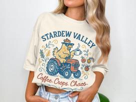Stardew Valley Shirt Coffee Crops Chaos Tee, Cozy Gaming Gamer Gift, Pixel Art Video Game Indie Gamer Shirt, Stardew Chicken Stardew Merch L beige