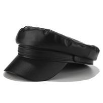 Ins Style Beret Military Cap Women Casual Flat Hats Captain Cap Trucker Fashion Pu Leather Travel Cadet Painter's Octagonal Hat Adult black