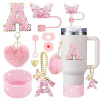 9PCS Accessory Set for Stanley Cup 30oz 40oz Butterfly Straw Cover Cap Silicone Boot Charm Initials Sticker Spill Proof Stopper white