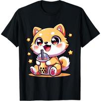 Kawaii Shiba Inu Dog Bubble Tea Anime Chibi Men Women Girls Kids T-Shirt S juoda