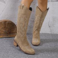 „Western Cowboy“ batai moterims iki kelių, platūs „Cowgirl“ batai su siuvinėtu moterišku slydimu smailia nosimi. 36 chaki