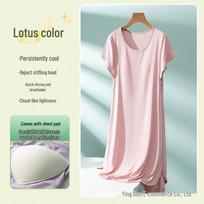 Women's Aloe Vera Ice Silk Nightgown: Summer Modal Pajamas with Built-in Bra & Round Neck Split Midi Skirt for Cooling Comfort Extra Large gray