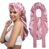 Long Satin Bonnet - Double Layer Reversible Silk Bonnet for Long Hair Women Sleeping Cap with Tie Band brown