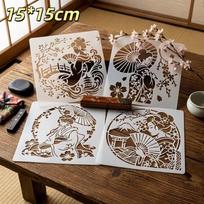 4Pcs Reusable Japanese Geisha Cherry Blossom Mount Fuji Stencils For Diy Home Wall Fabric Painting black