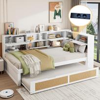 Medinė sofa-lova 90*200 su ištraukiama lova Daugiafunkcinė viengulė lova Vaikų lova su daug skyrių daiktams ir įkrovimo prievadu Balta 225 x 116 x 92 cm balta