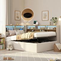 Daybed 90x200 cm with Hydraulic Storage, Upholstered Bed, Day Bed, Sofa Bed with LED, USB & Backrest, Velvet, Beige 225 x 110 x 90 cm smėlis