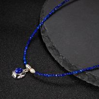 Lapis Lazuli Faceted Millet Bead Necklace with S925 Silver Retro Pendant - Chinese Clavicle Chain Natural lapis lazuli spalva