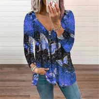 Women's Long Sleeve Tops V-neck Zipper Pullover Butterfly Print T-shirt Blouse One size mėlyna