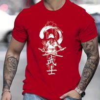 Mens Summer 100 Cotton Fashionable Casual Japanese Samurai Print Shortsleeved Tshirt for Outdoor Sports and Breathability L gray