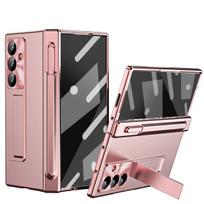 Prabangus telefono dėklas su rašikliu, skirtas Samsung Galaxy Z Fold 4 5 6 7, galvanizuota stiklo plėvelė, vyrių apsauginis dangtelis Galaxy Z Fold5 rožinio aukso spalvos