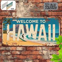 Welcome to Hawaii Beach Surfing License Plate Style D Flat Printing Metal Tin Sign Tropical Paradise Travel Themed Decorative 15x30cm(5.9x7.8inch) blue