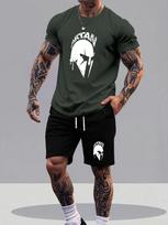 Fashion Spartan Print Men Fitness Sports T-Shirt Shorts Suit Summer Quick Dry Workout Short Sleeve Top Pocket Shorts 2 Piece Set S black