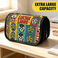 Double Layer Large Pencil Case, Vibrant Printed Pencil Pouch with Lucha Libre Masks Design, Fashion Storage Bag, Portable Pencil Case with Zipper, Dur 20x9x11cm yellow
