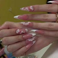 24Pcs Almond Press On Nails French Tip Floral Rhinestone Design Wearable Stiletto False Nail Tips Set brown