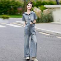Denim wide-leg pants set women's summer new age-reducing temperament thin casual two-piece set M gray