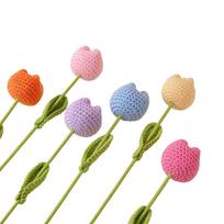 Handcrafted Yarn Tulip Bouquet Crochet Knit Artificial Flower Ornament for Home Office Desk Party Wedding Decoration Gift beige