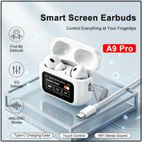 Naujos A9 Pro išmaniosios ausinės su ekranu Aktyvus triukšmo slopinimas Aplinkos garso režimas Valdymas lietimu HiFi stereogarsas C tipo įkrovimas Belaidės ausinės į ausį balta