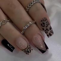 24Pcs Black Leopard Print Press On Nails Short Square Full Cover Fake Nails Simple Nail Art For Women black