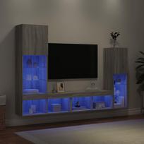 Sieninė TV sekcija su LED, 4 dalių, pilka ąžuolo, mediena