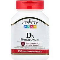 21st Century, Vitaminas D3, 50 mcg (2000 TV), 250 minkštųjų gelių