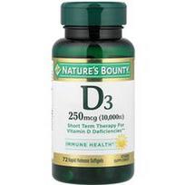 Nature's Bounty, Vitaminas D3, 250 mcg (10 000 TV), 72 greito atpalaidavimo minkštosios kapsulės