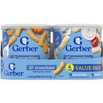 Gerber, „Lil' Crunchies®“, keptų grūdų užkandis, 8+ mėnesių, švelnus čederio sūrio ir daržovių padažas, 4 indeliai po 42 g