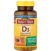 Nature Made, Greitai tirpstantis vitaminas D3, ypač stiprus, mišrių uogų, 125 mcg (5000 TV), 70 tablečių