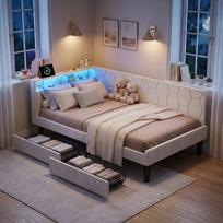 Sofa-lova 90x200 cm su RGB LED apšvietimu ir USB/Type-C jungtimi, apmušta lova su dviem stalčiais, Smėlio spalvos, aksominė