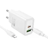 Hoco N61 travel charger | 20W | PD, QC | USB-C, USB-A | with USB-C to Lightning cable included | white