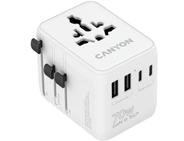 Kelioninis įkroviklis CANYON OnTour 20, 2xUSB-A, 2xUSB-C, 70W, EU/UK/US/AUS, baltas
