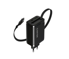 Įkroviklis CANYON OnCharge 65RC, 1xUSB-A, 1xUSB-C, 65W, su integruotu USB-C-USB-C kabeliu, juodas