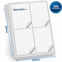 Lipnūs A4 etiketės lapai 105 x 148,5 mm, 100 lapų, tuščios etiketės, lipnios etiketės, lipnūs lipdukai