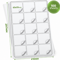 Lipnios etiketės A4 formatas, 65x55 mm dydžio, su apvalintais kampais, tuščios, 100 lapų pakuotė, lipnūs lipdukai, spausdinamos etiketės