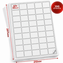 Lipnios etiketės A4 formato, 40x30 mm dydžio, su apvalintais kampais, tuščios, 100 lapų, lipnūs etikečių lapai, lipnūs lipdukų lapai