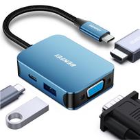 BENFEI adapterio šakotuvas 4-in-1 USB-C į 4K HDMI USB-C 1x USB A VGA mėlynas