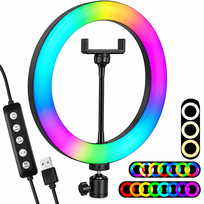 RGB žiedinė lempa 26 cm su telefono laikikliu, LED žiedinė šviesa, RGB selfi lempa