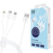 3mk 3in1 laidas USB-A į micro USB / Lightning / USB-C 1.2m 15W, baltas