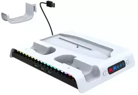 iPega P5S006 daugiafunkcis įkrovimo RGB stovas su aušinimu, skirtas PS5 Slim, baltas (pažeista pakuotė)