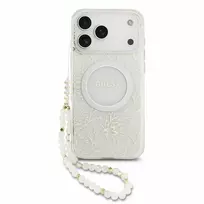 Dėklas Guess IML Flowers Allover Electroplated with Pearl Strap MagSafe Case for iPhone 18 Pro Max / 17 Pro Max - Baltas