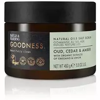 Baylis & Harding Natural Oils druskų šveitiklis (Oudas, kedro mediena ir ambra) – kūno šveitiklis 450,0 g