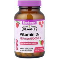 Bluebonnet Nutrition, „Earth Sweet®“ kramtomosios tabletės, vitaminas D3, avietės, 125 mcg (5000 TV), 90 kramtomųjų tablečių