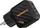 HAMMER RapidCharge 65W greitasis sieninis įkroviklis, 2 USB-C ir USB-A, juodas