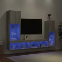 Sieninė TV sekcija su LED, 4 dalių, pilka ąžuolo, mediena