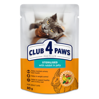 CLUB 4 PAWS PREMIUM „SU TRIUŠIENA DREBUČIUOSE”. VISAVERTIS KONSERVUOTAS ĖDALAS SUAUGUSIOMS STERILIZUOTOMS KATĖMS 0,80g. x 24vnt.