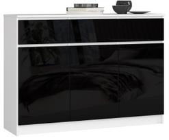 Komoda K140 3D, 3 stalčiai ir 3 durelės, baltos/juodos spalvos, 138 × 99 × 40 cm