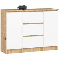 Komoda K100, 2 durelės ir 3 stalčiai, rudos/baltos spalvos, 101 × 76 × 35 cm