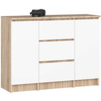 Komoda K100, 2 durelėmis ir 3 stalčiais, rudos/baltos spalvos, 101 × 76 × 35 cm